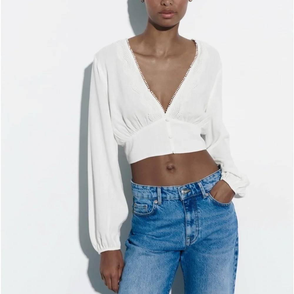 Zara Women White Bohemian Long Sleeves V-Neck Cropped Corsetry‎ Blouse Sz L